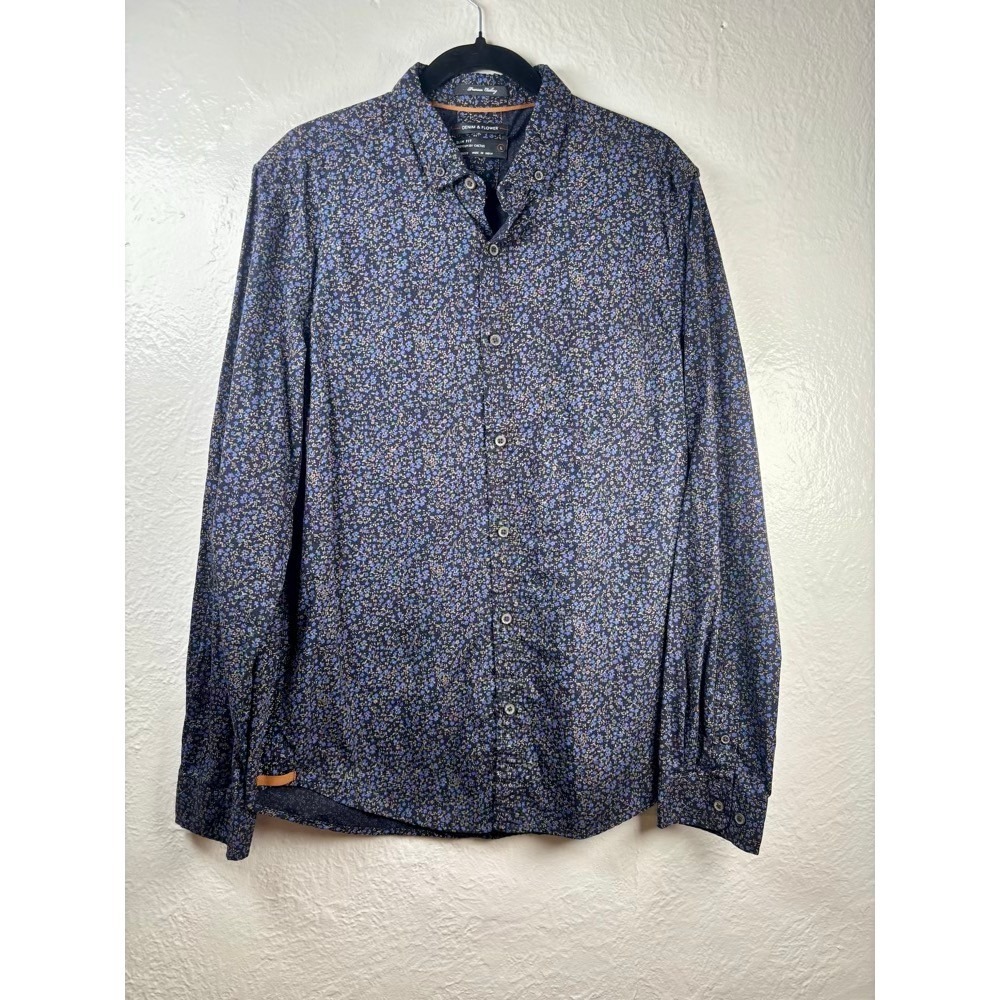 Denim & Flower Button Down Shirt Blue L Slim Fit Floral Long Sleeve Wedding Mens